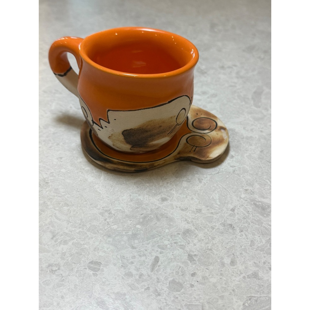 Bailoche Studio Art Pottery Ceramic Cup and Saucer Set Orange Brown Hand Painted